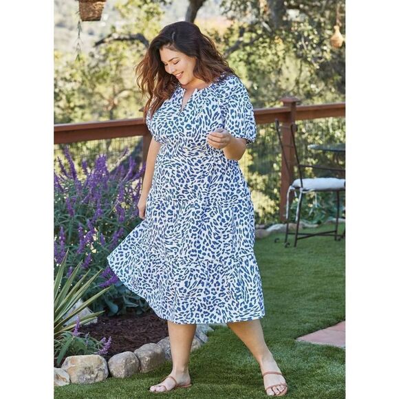 The‎ Get Womens Animal Print Keyhole Puff Sleeve Summer Dress Blue Large NWT - Picture 1 of 13